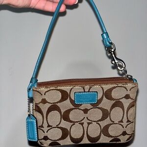 Coach Brown Signature Mini Wristlet with Teal Trim